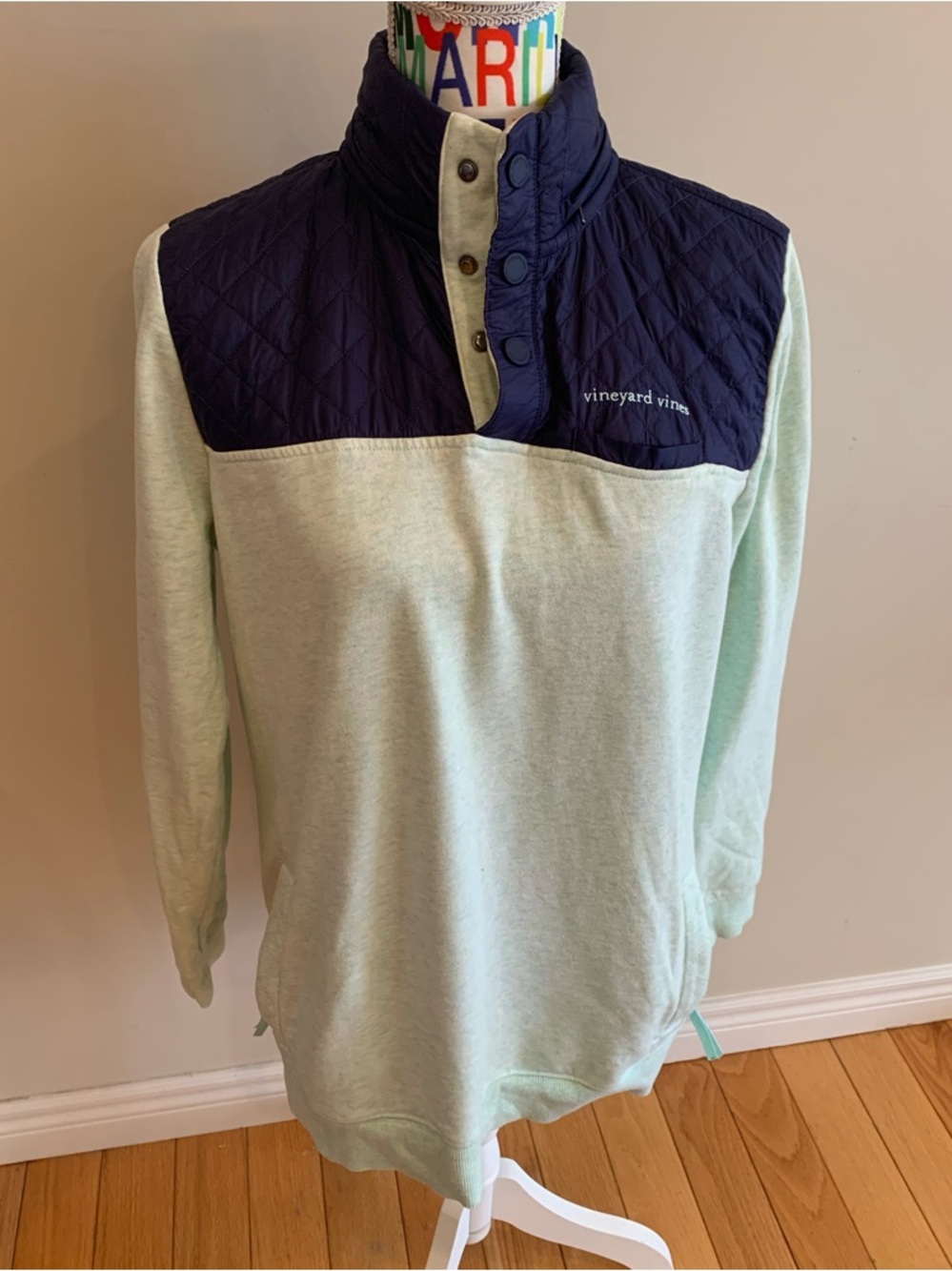 Vineyard Vines Mint Pullover with Navy Quilted Yoke and Hood
